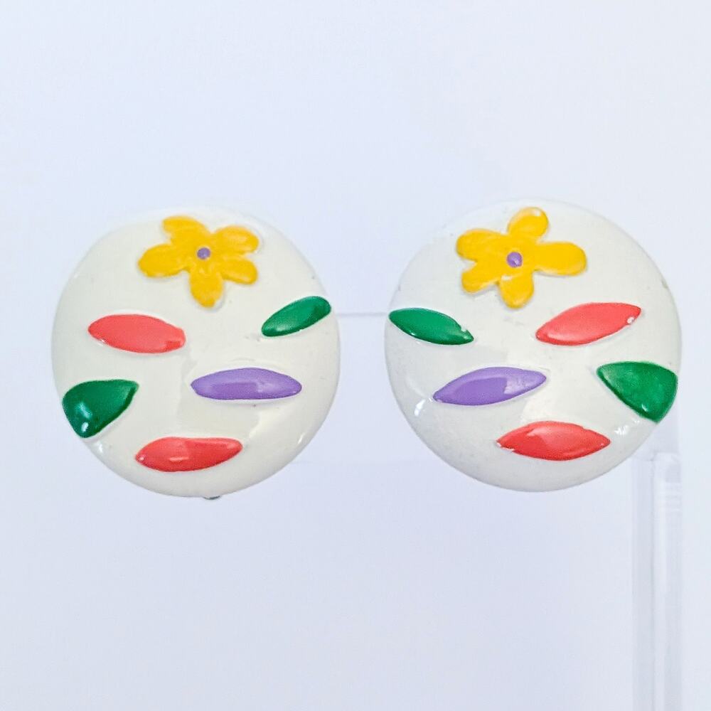 Vintage Clip On Earrings Whimsical Large Artsy Flower Design 1 & 1/8"